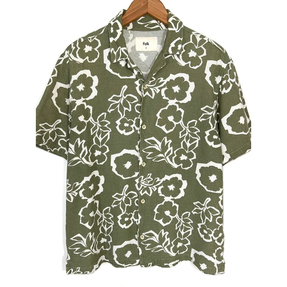 Folk Clothing Men's Green Floral Hawaiian Camp Woven Cotton Shirt Size M